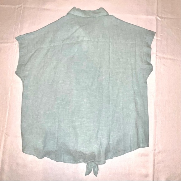 Weatherproof Washable Womens Linen Viscose Green Short Sleeve Button-Down Tie - Picture 2 of 9